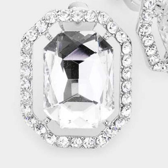 Clear Octagon Crystal Center Evening Silver Clip on Earrings NWT - Picture 2 of 5